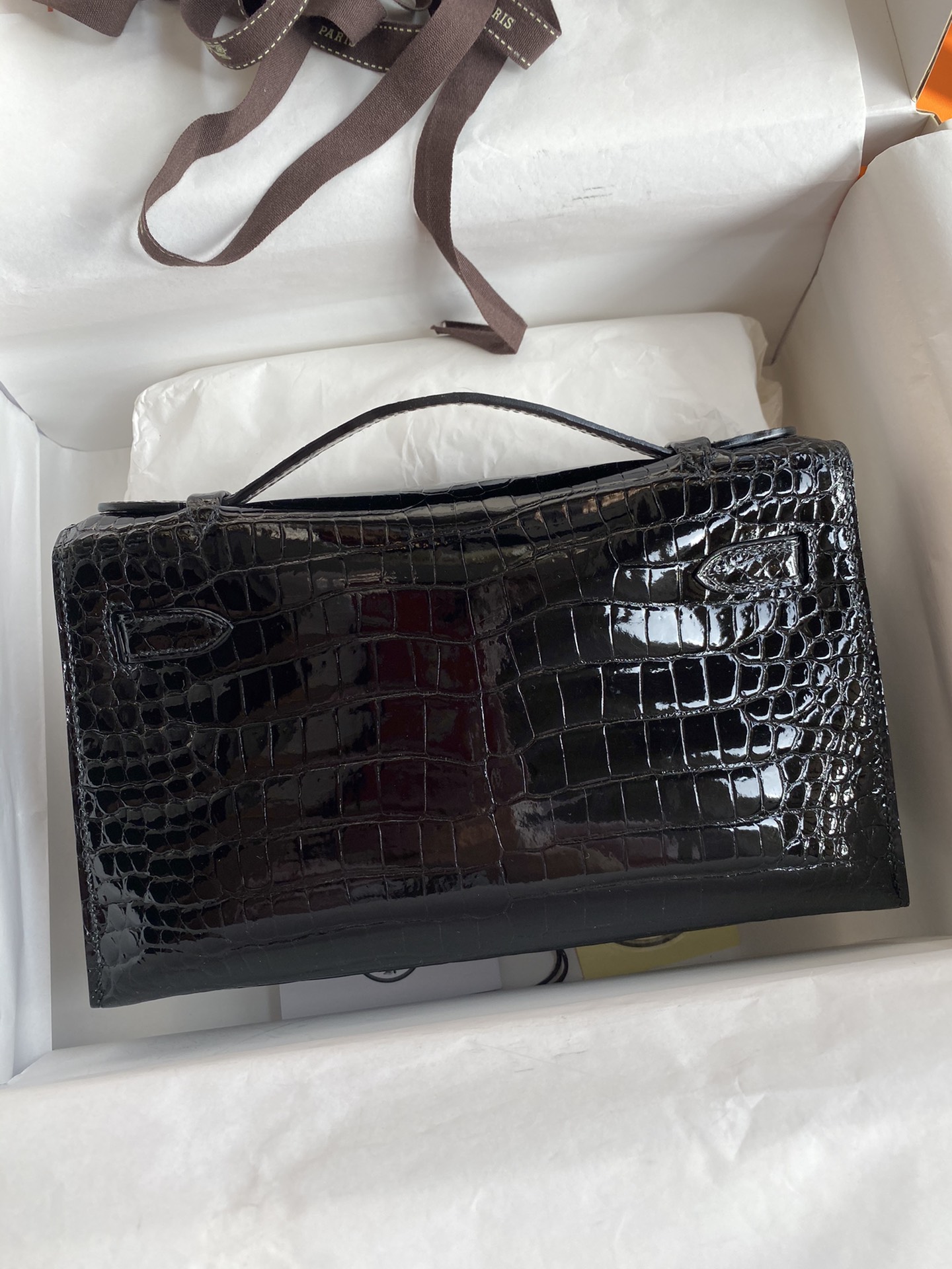 Hermes Mini Kelly Pochette 22cm Bag In Black Shiny Alligator Leather